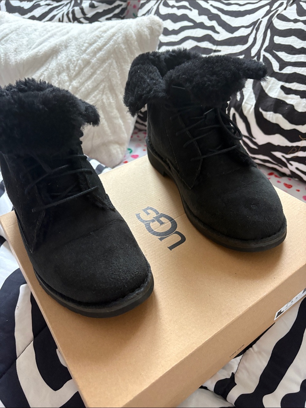 UGG Black Suede Lace-Up Fur Cuff Ankle Boots